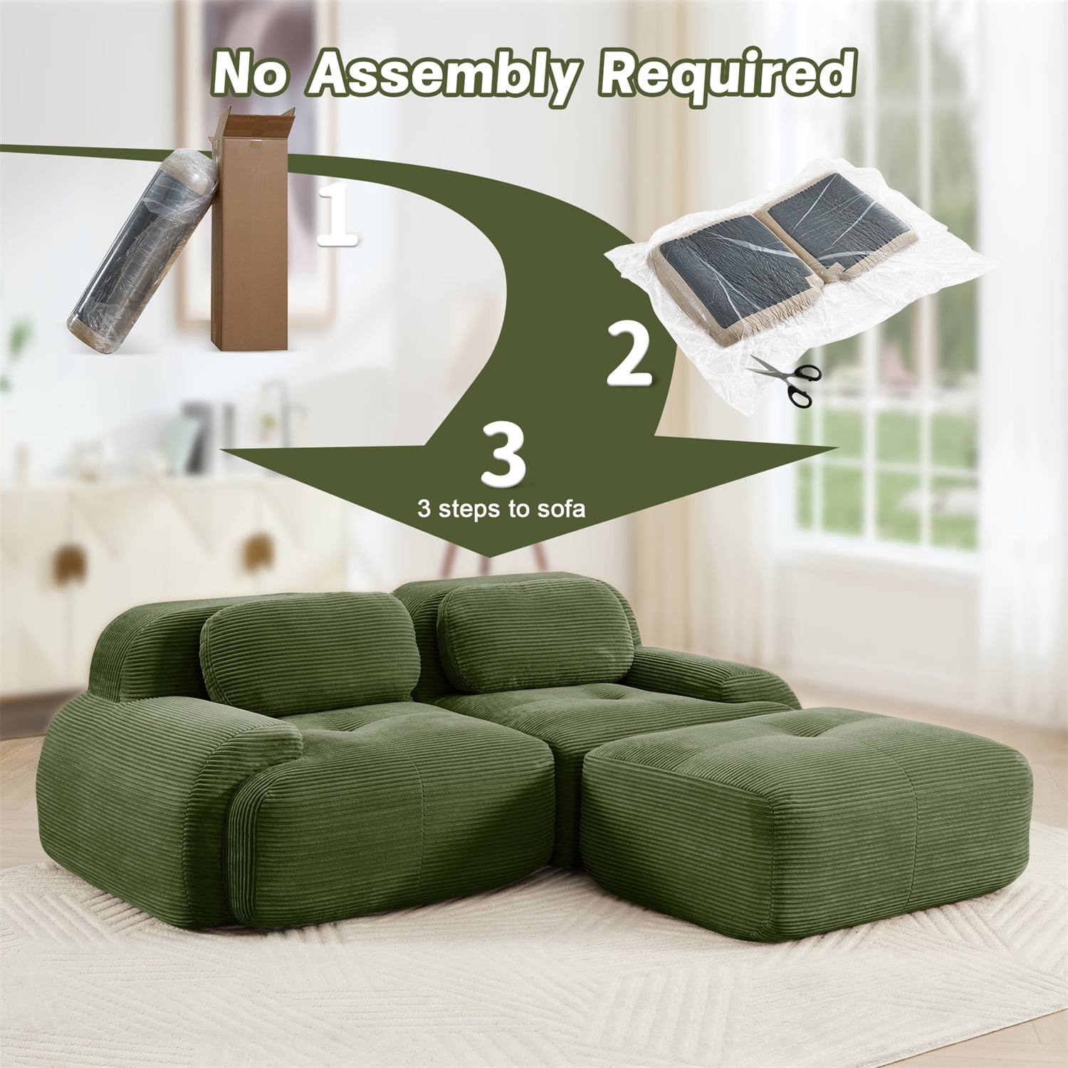 Hommoo 82" Luxury Corduroy Fabric Modular L-shaped Sofa, Multiple Combinations 2 Seater Sectional Sofa Couches with Curved Armrests, for Living Room Apartment, Green