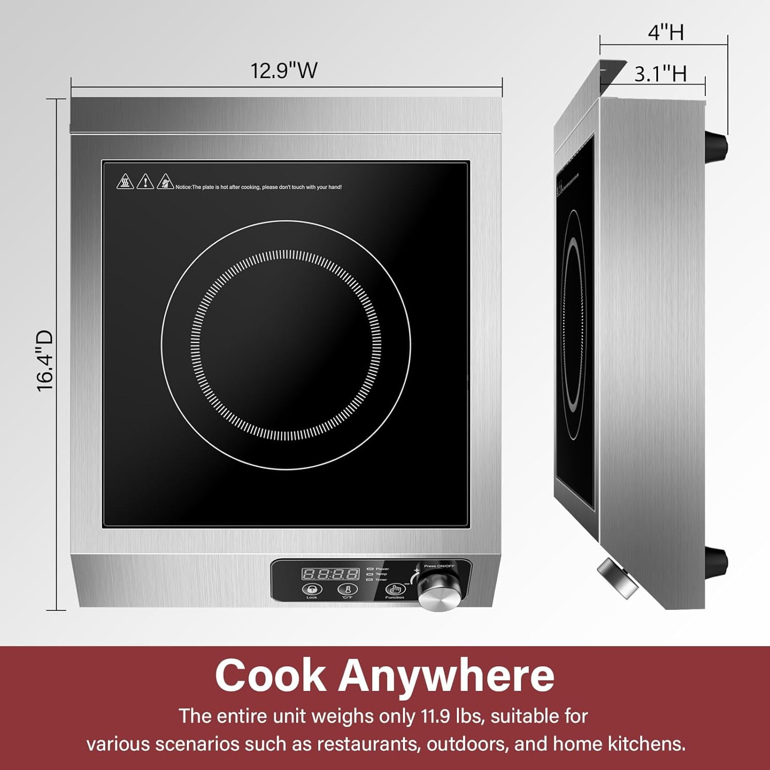 Commercial Induction Cooktop,1800W Induction Burner with sensor touch, knob and LCD screen,ETL-Certified Single Electric Burner,Ten level precise temperature control,Large 8” Heating Coil
