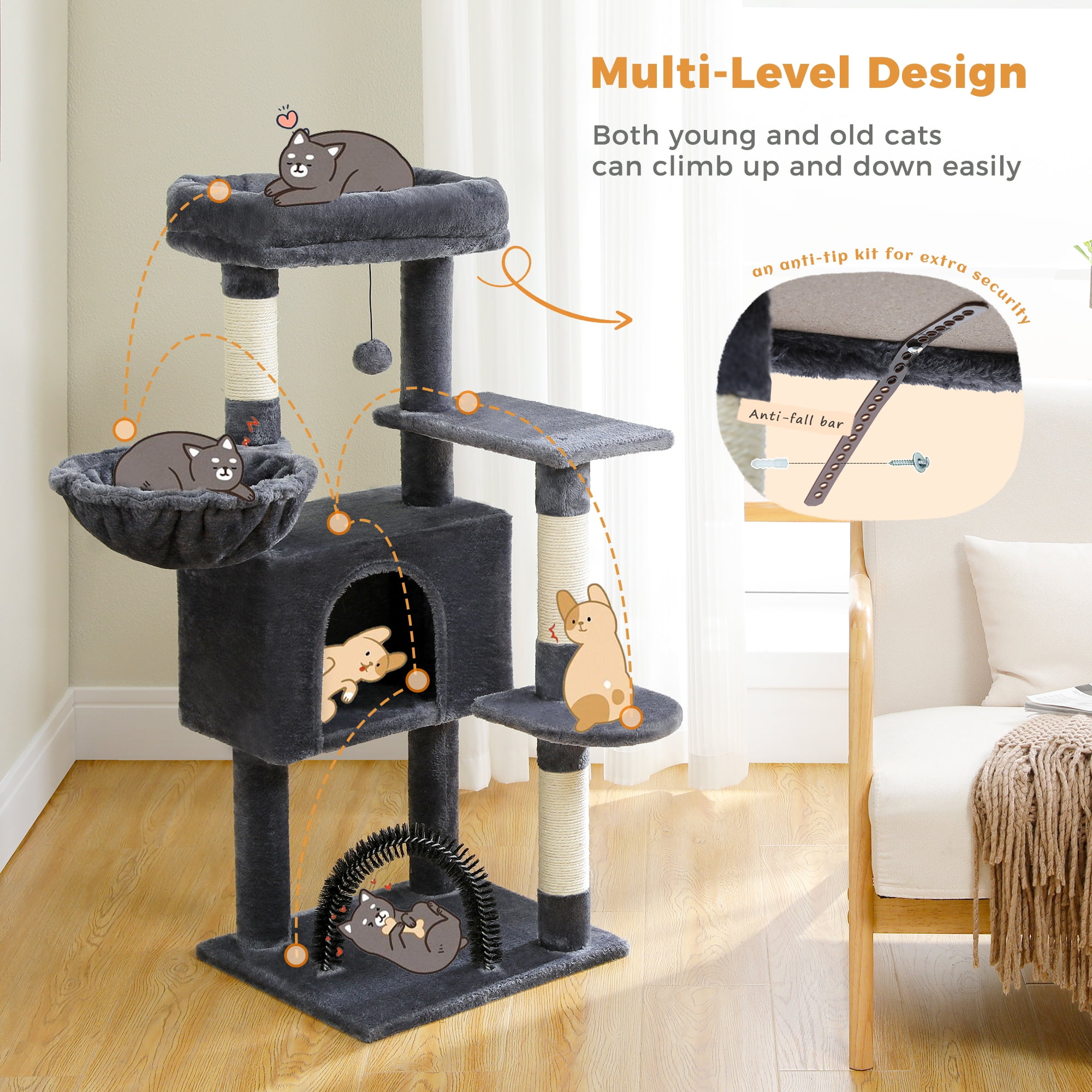 PAWZ Road 42" Cat Tree Condo With Large Perch Scratching Posts for Indoor Cats, Dark Gray