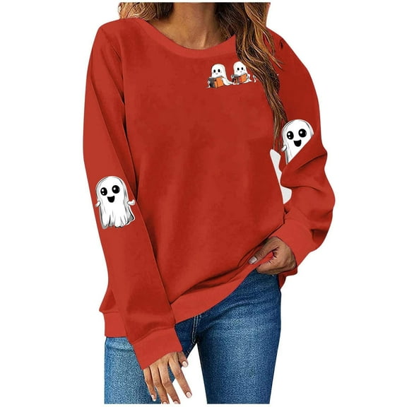 Women's Ghost Graphic Sweatshirts Halloween Long Sleeve Crew Neck Sweater Funny Cute Trendy Fall Sweat Shirts Tops Red, 2XL