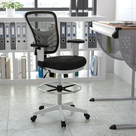UPC: 0889142653240 | Flash Furniture Tyler Mid-Back Black Mesh Ergonomic Drafting Chair with Adjustable Chrome Foot Ring Adjustable Arms and White Frame