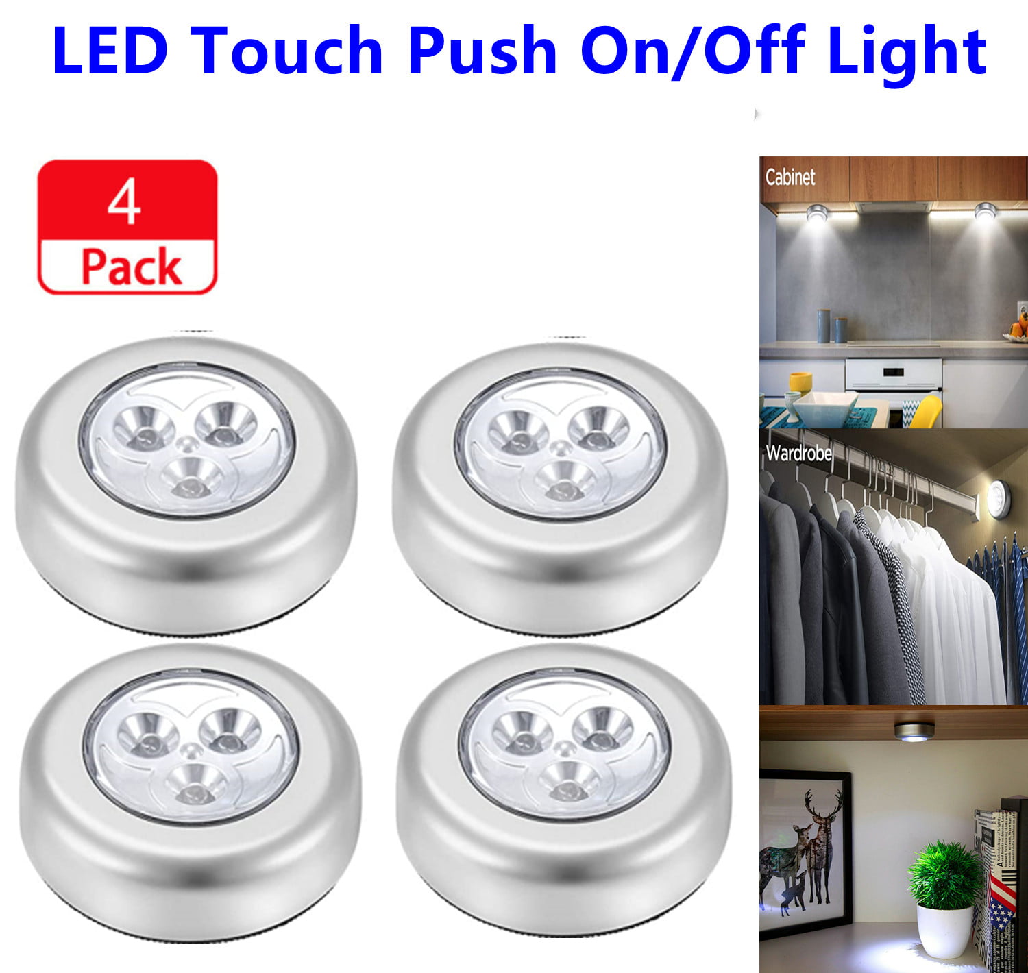10PCS 3 LED Touch Push On/Off Light Self-Stick On Click Battery Operated Lights 