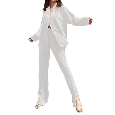 

LSFYSZD Women Two-Piece Pajamas Suit Solid Color Turn-Down Collar Button-Down Long Sleeve Tops + Elastic Waist Long Pants