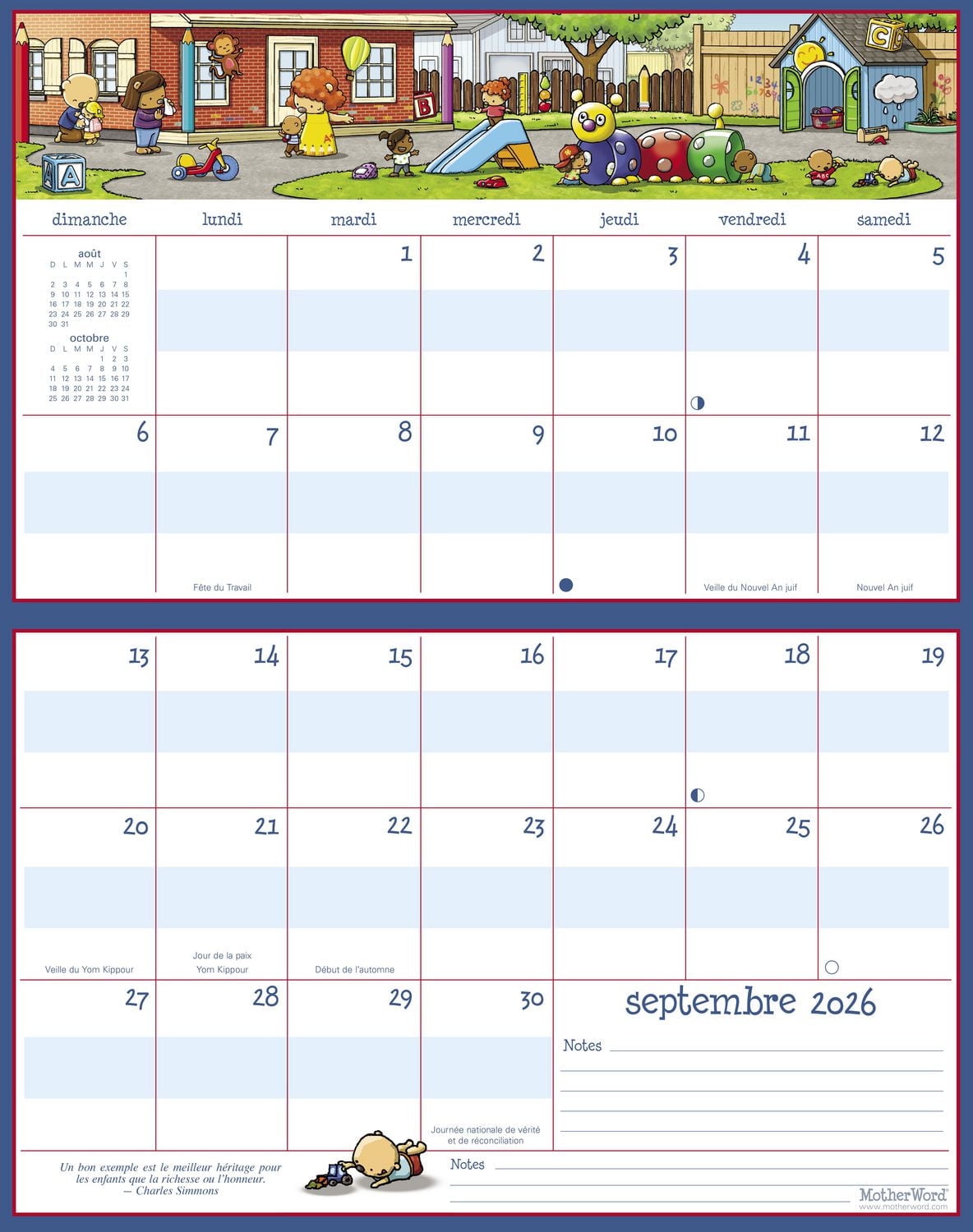 Calendrier magnétique Motherword 2026 pour réfrigérateur/mur (Version Côte à Côte) - Français Calendrier