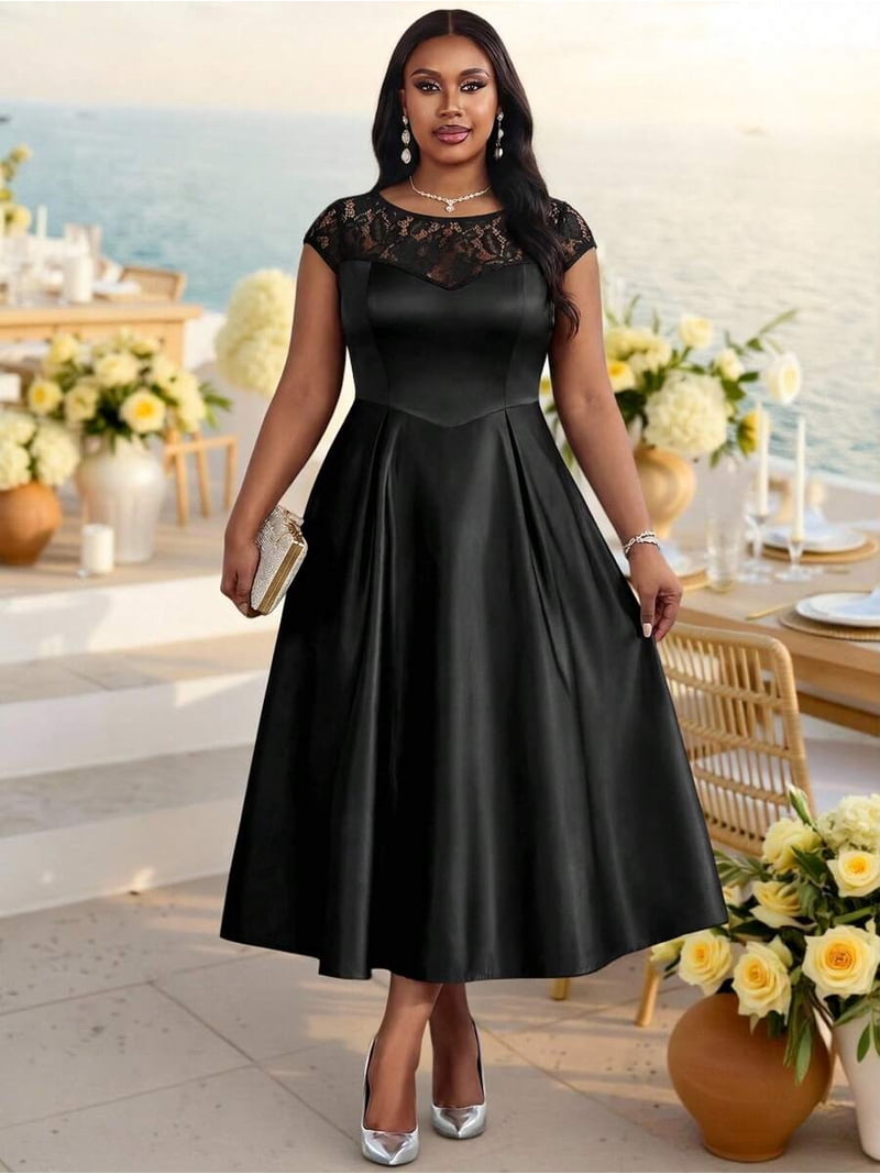 black cap sleeve midi dress Plus Size Contrast Lace Round Neck Elegant A-Line For Party Wedding Guest Color:Red（Pre-sale） line skirt outdoor-event Vintage 80s Prom Party