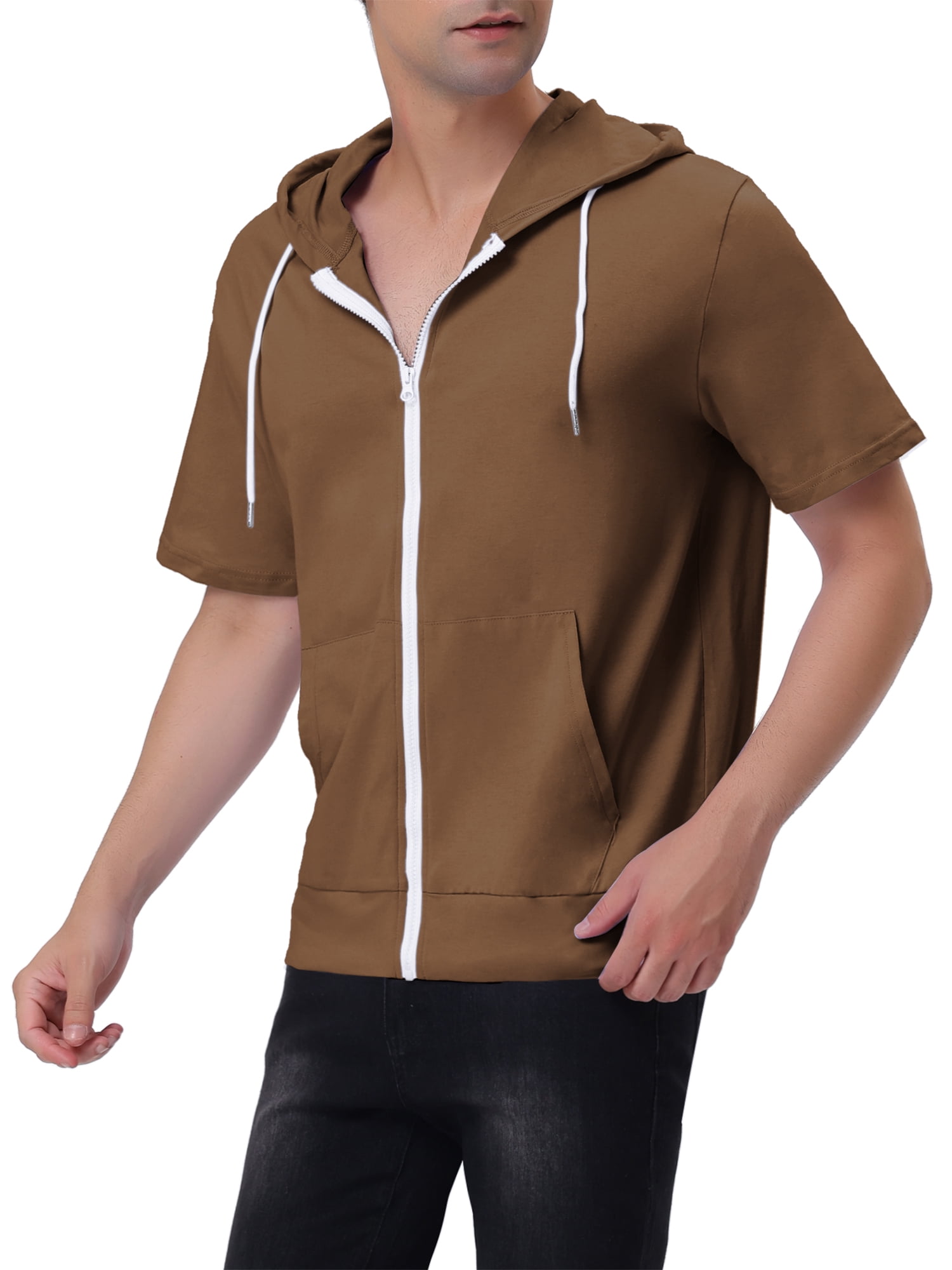 Unique Bargains Men's Short Sleeve Solid Color Zip Up Sport Hoodies L Brown