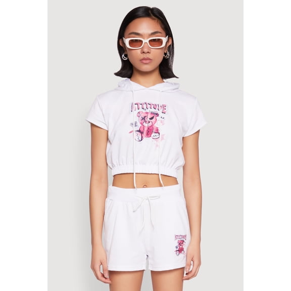 Women's French Terry Bear Graphic Cropped Hoodie