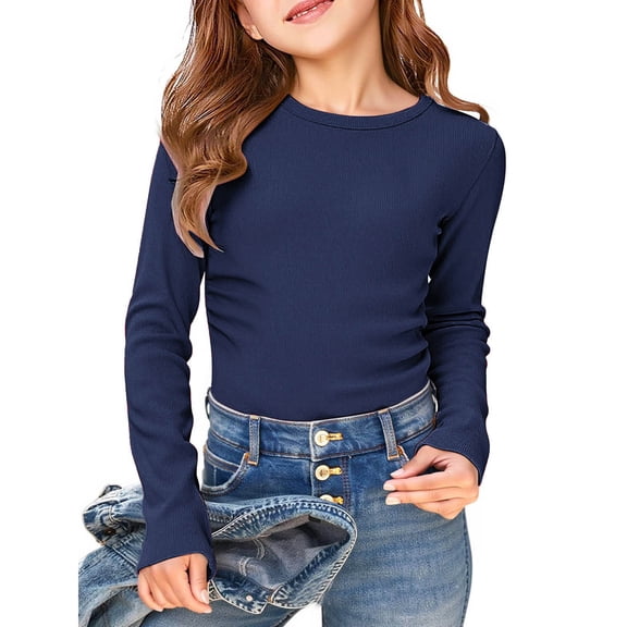 lnmuld Kids Girls Solid Color Slim Fit Long Sleeve Ribbed Stretch Tee, Casual Basic Top Size:9-10 Years