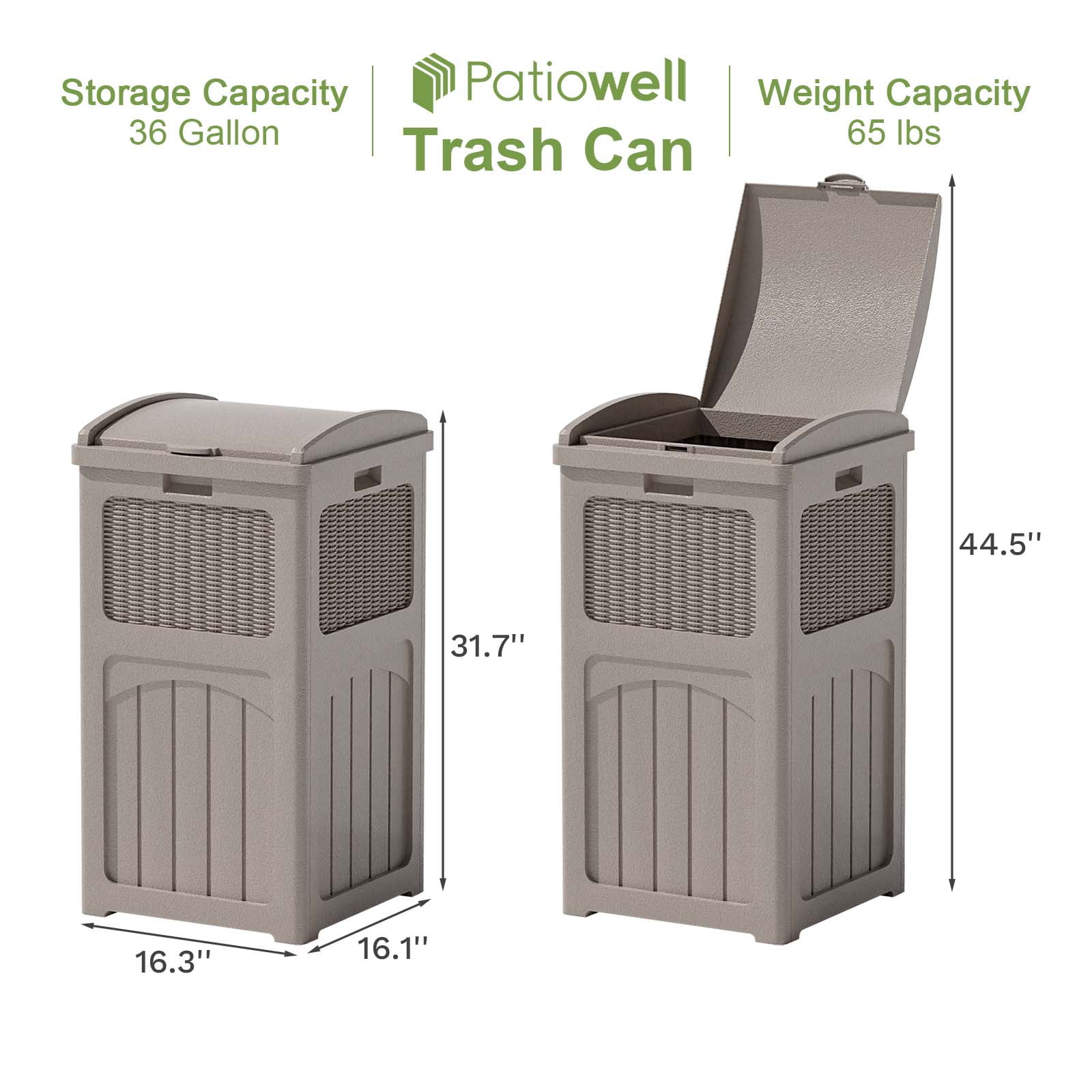 Patiowell 36 Gallon Hideaway Can Resin  Trash with Latch for Backyard, Deck, or Patio,Light Brown