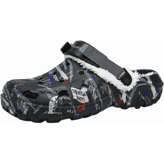 Men's Winter Clogs - Waterproof Faux Fur Lined Slippers EVA Fuzzy Lined House Shoes Warm Slip On Sandals with Back Strap Indoor Outdoor Mules