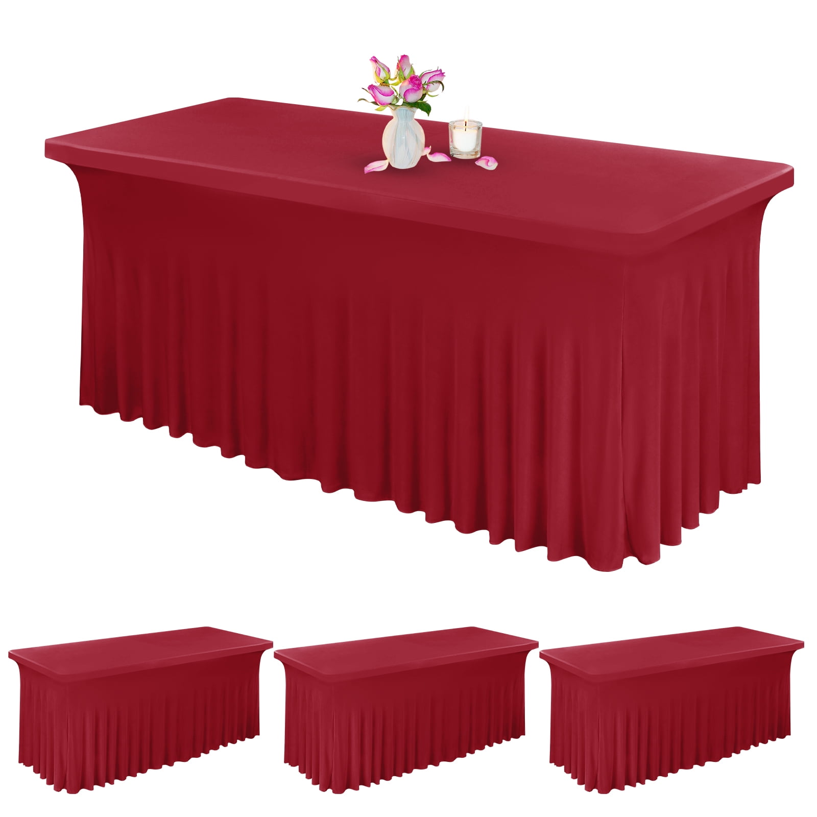 3 Pack 6ft Spandex Table Skirt Fitted Wine Red Stretch Tablecloth,1