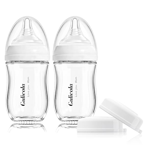 Gulicola Natural Glass Baby Bottle for Breastfeeding, Wide Neck with Slow Flow Nipple, 1 Months , 5 oz, 2 Pack - White