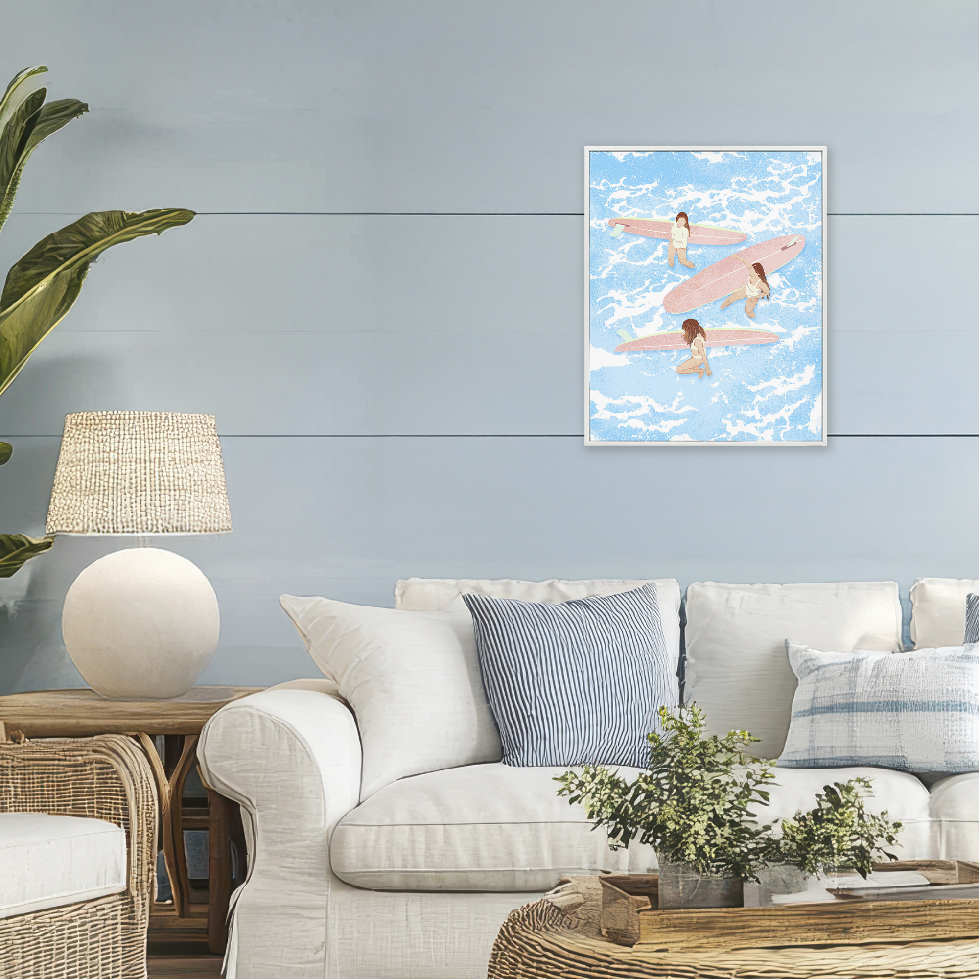 Surfing Girls Trio White Framed Giclee Art, design by Ziwei Li