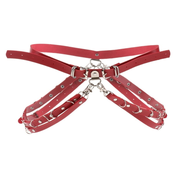 Red elastic corset belt with faux leather details