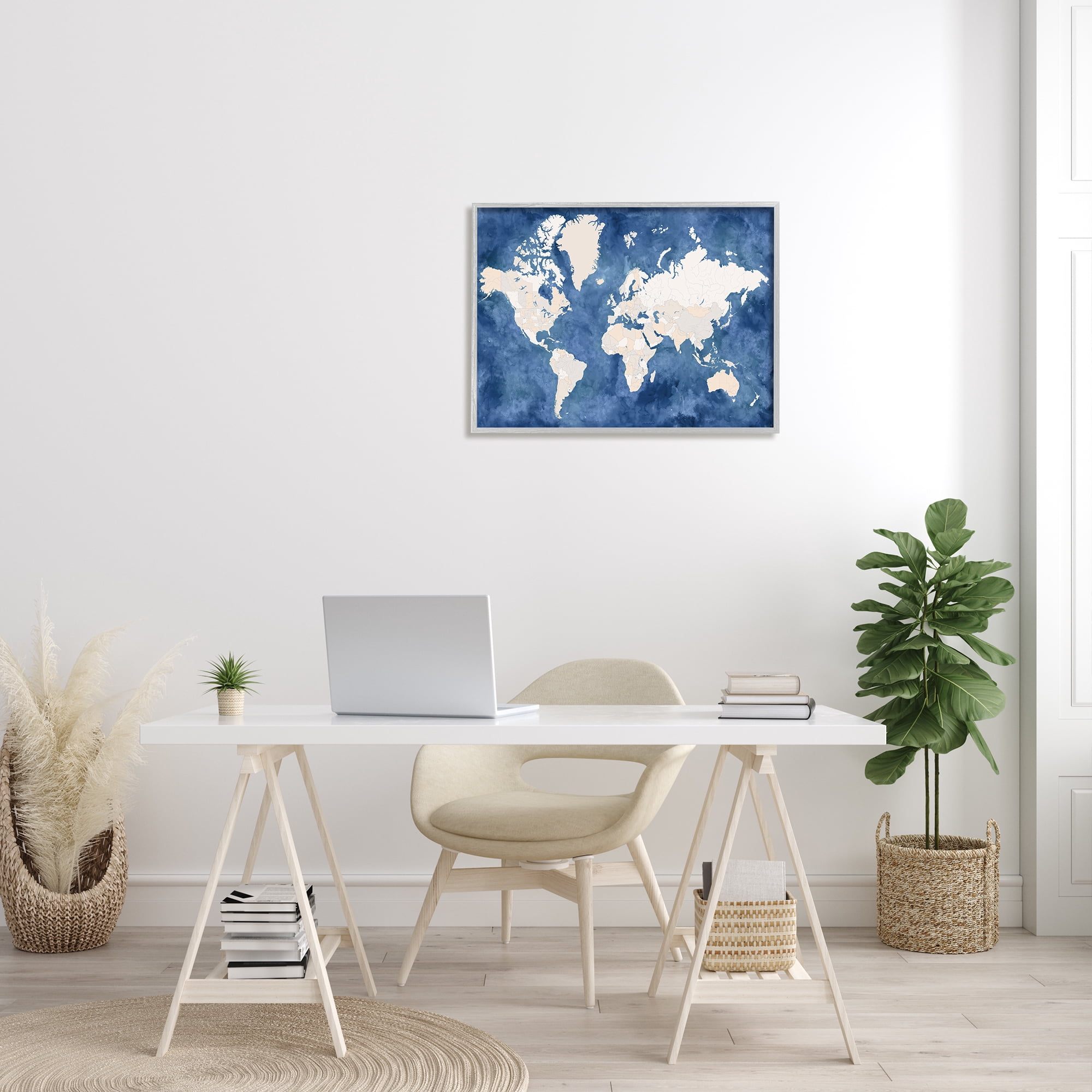 Stupell Industries Country Border World Map Deep Blue Ocean Graphic Art Gray Framed Art Print Wall Art, 24x30, by BlursByAI