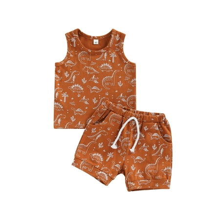 

Calsunbaby 2PcsToddler Infant Baby Boys Casual Outfits Dinosaur Print Round Neck Tank Tops + Shorts with Pockets Caramel 2-3 Years