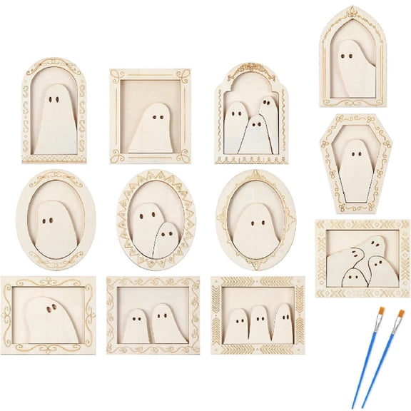 12 Pack Wooden Ghost DIY Frames with Brush, Unfinished Cute Ghost Wooden Ornaments for Halloween Craft Art Party Decorations