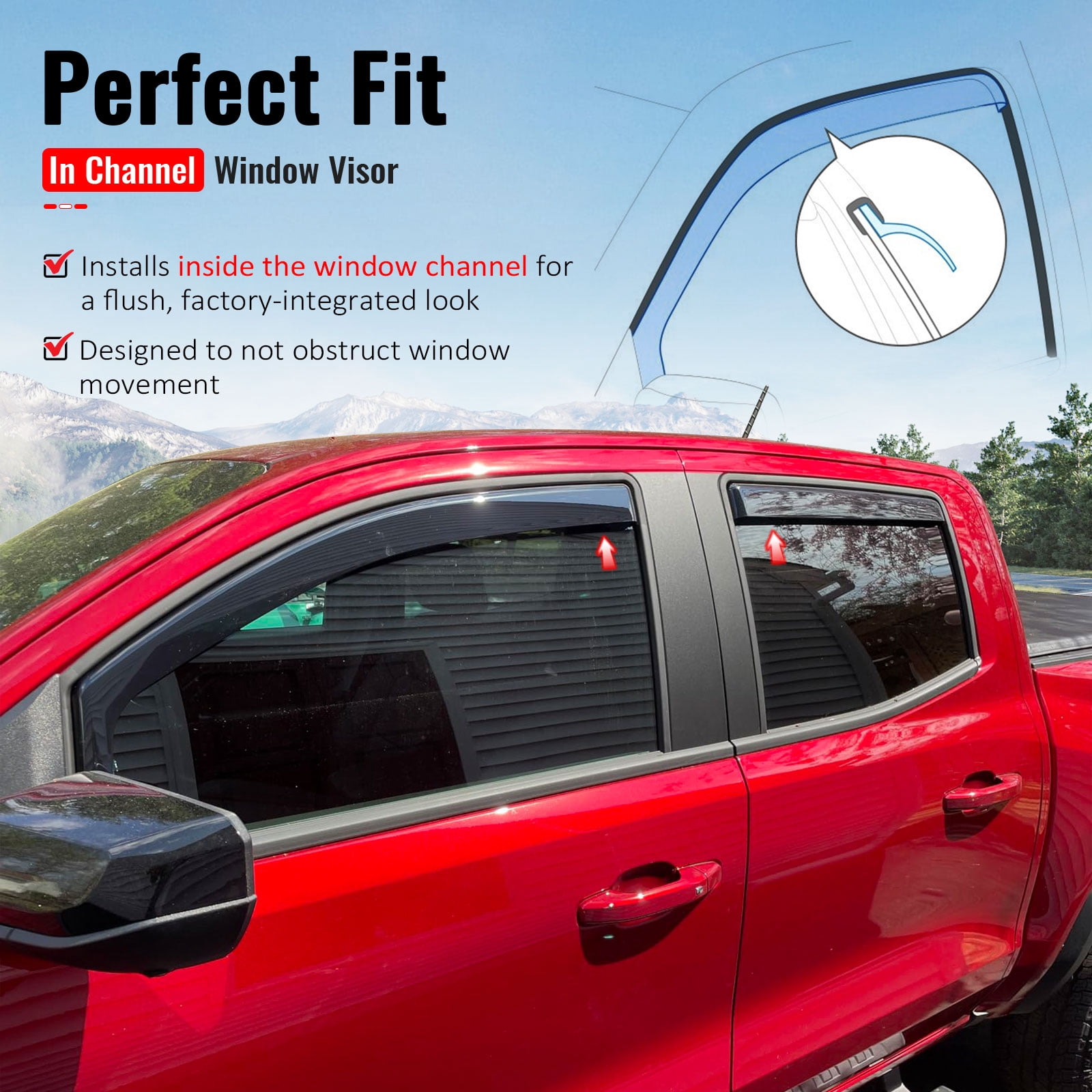 Ikon Motorsports In-Channel Window Visors Sun Shades Vent Rain Guards Deflectors for 2023-2026 Chevy Colorado & GMC Canyon Crew Cab Smoke/Tinted 4PCS