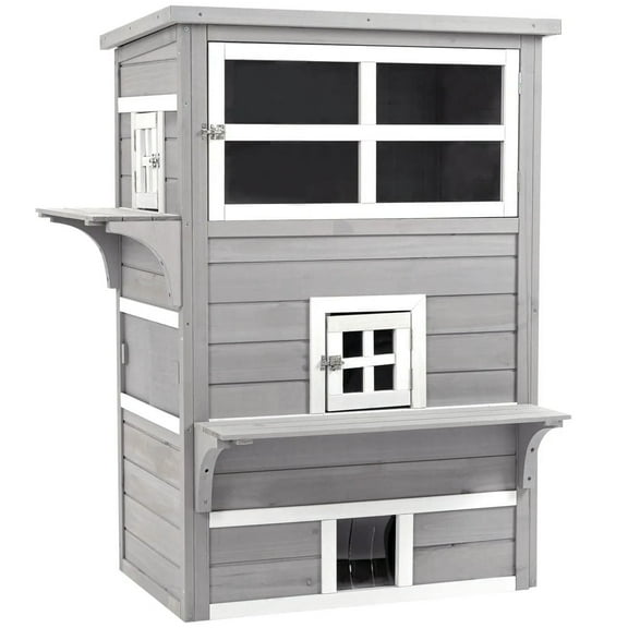 GVN Cat Catio Enclosure, Cat Cage House,Outdoor Cat House, 3-Tier Kitty Shelter with 5 Escape Doors, Gray & White