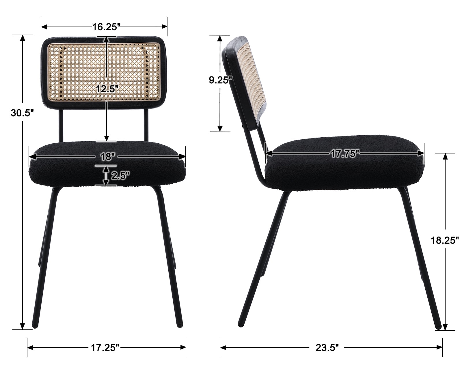 Dayalane Rattan Dining Chairs Set of 4, Sherpa Upholstered Kitchen Chairs with Cane Back, Mid-Century Modern Armless Dining Side Chairs with Metal Legs for Dining Room Living Room Restaurant, Black