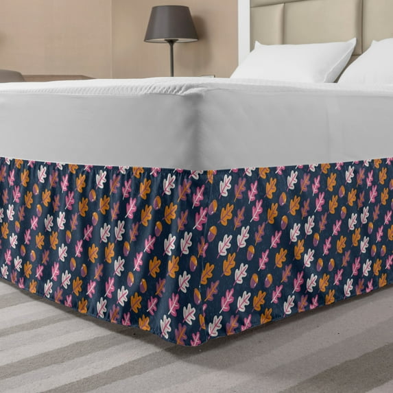Autumn Bed Skirt, Colorful Oak Leaf Acorns Silhouettes Fall Season Warm Illustration, Elastic Bedskirt Dust Ruffle Wrap Around for Bedding Decor, 4 Sizes, Grey Pink and Pale Orange, by Ambesonne
