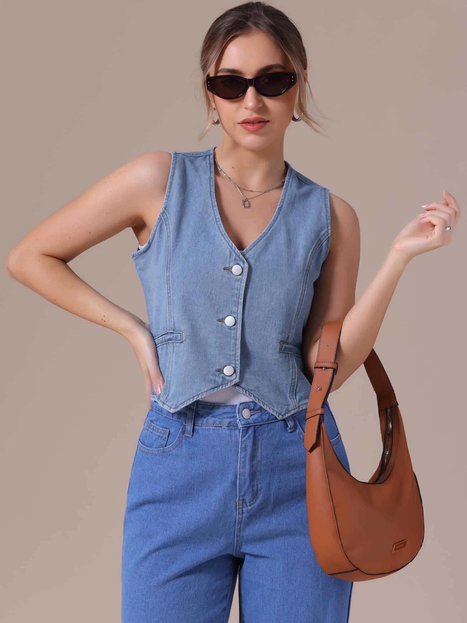 DARING DIVA Women's V Neck Waistcoat Top Casual Jean Vests L Light Blue