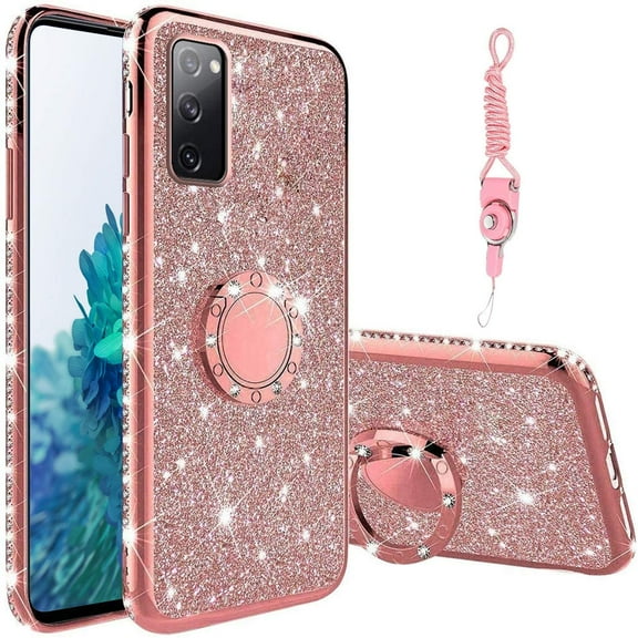 Compatible for Samsung Galaxy S20 FE 5G Case, SOGA Glitter Diamond Rhinestone TPU Phone Cover with Ring Stand and Lanyard Girls Women Cover (Rose Gold)