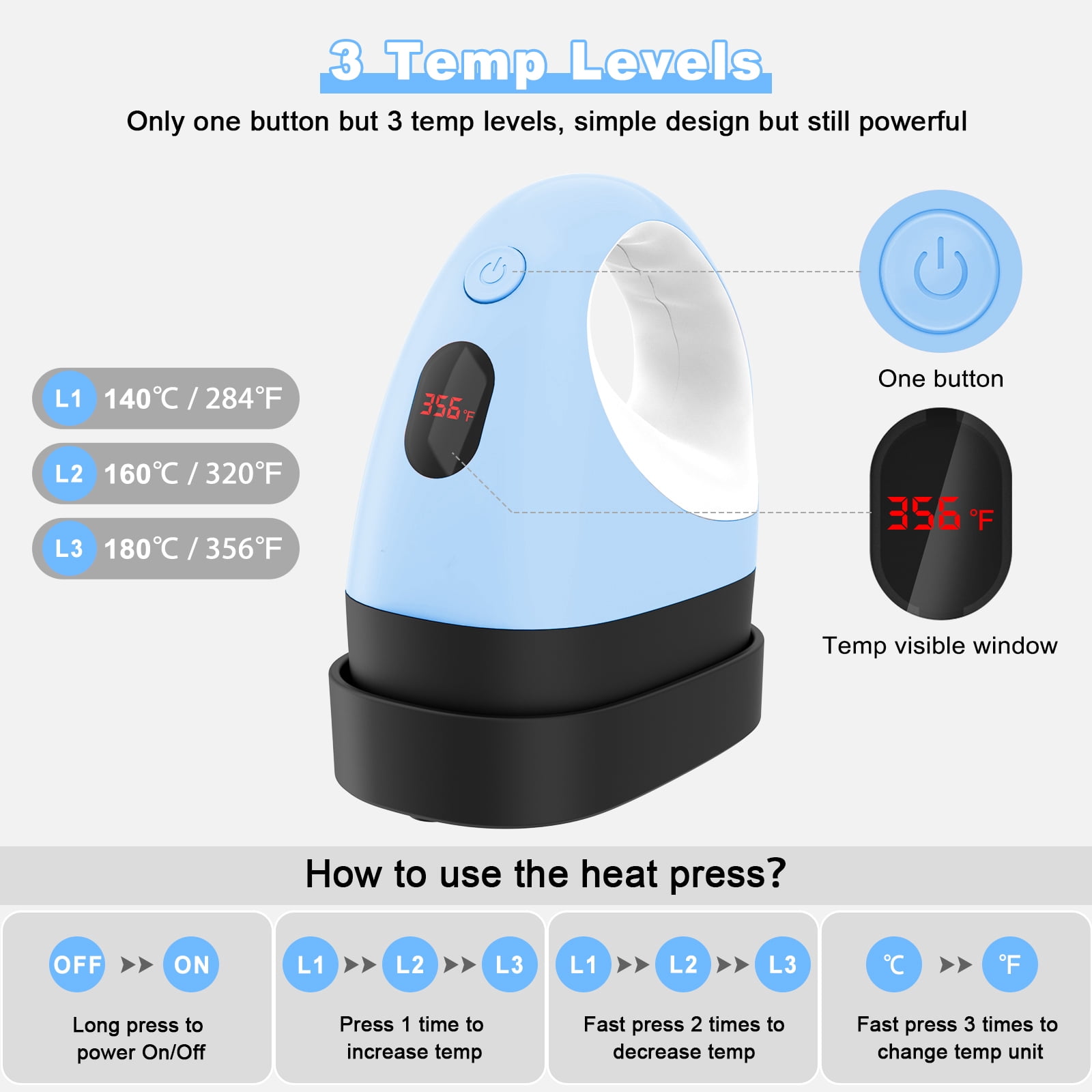 Mini Heat Press Machine, Mini Heat Transfer Iron, 3 Settings Levels & Visible Temp, Portable Press Easy for Crafts, T-Shirt, Hats, Shoes, Bags, Cap and Small Vinyl Projects (Blue)