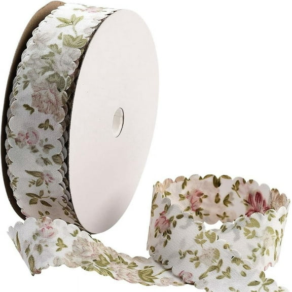 20 Yards Flower Print Ribbon White Spring Summer Floral Pattern Polyester Ribbon Vintage Wavy Edge Ribbons Bulk with Spool for Sewing Making Craft Bouquet Home Decor Wedding DIY Supply