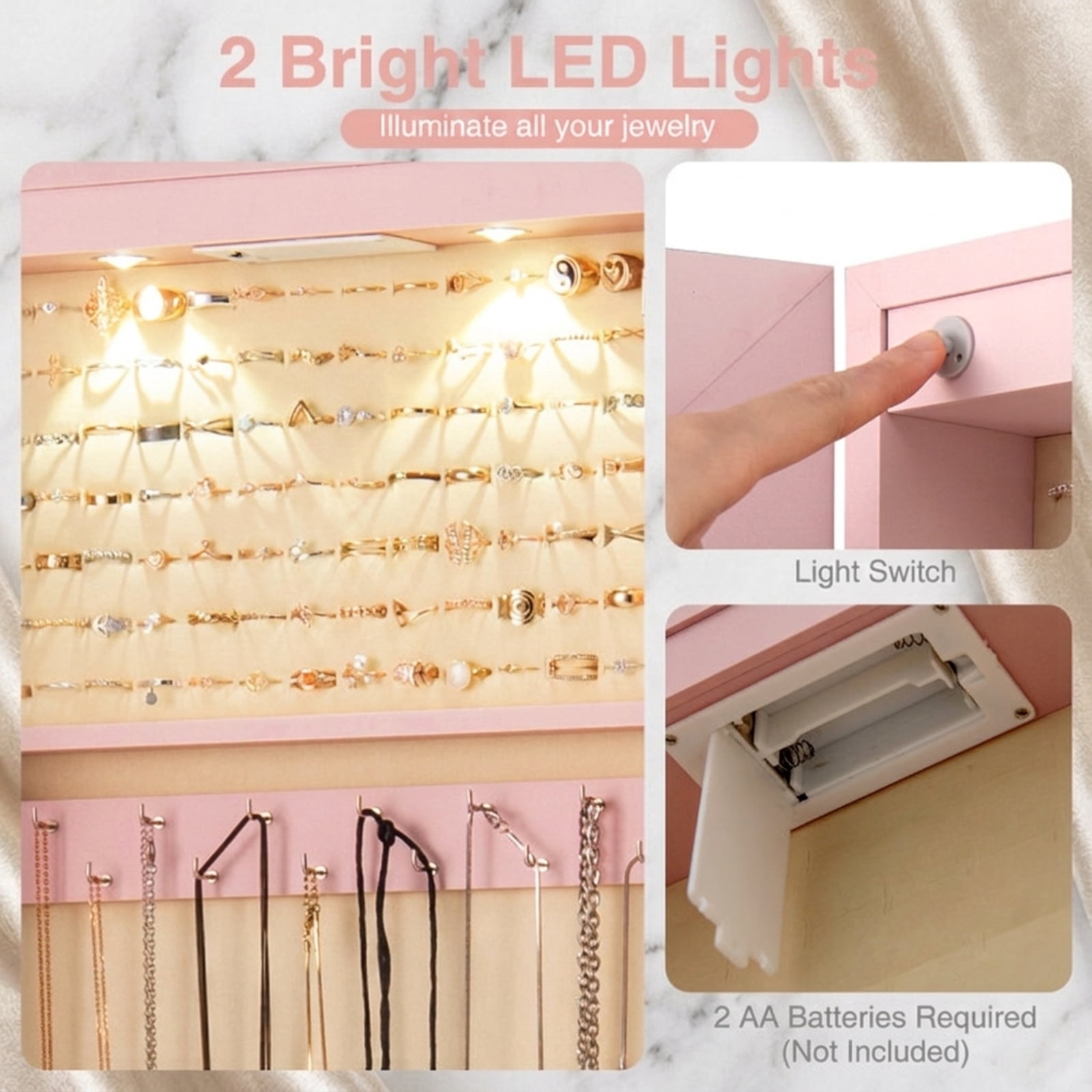 Furnibear Wall and Door Mounted Mirrored Jewelry Cabinet with Lights for Bedroom Dressing Room Jewelry Necklace Rings Storage Mirror, Pink