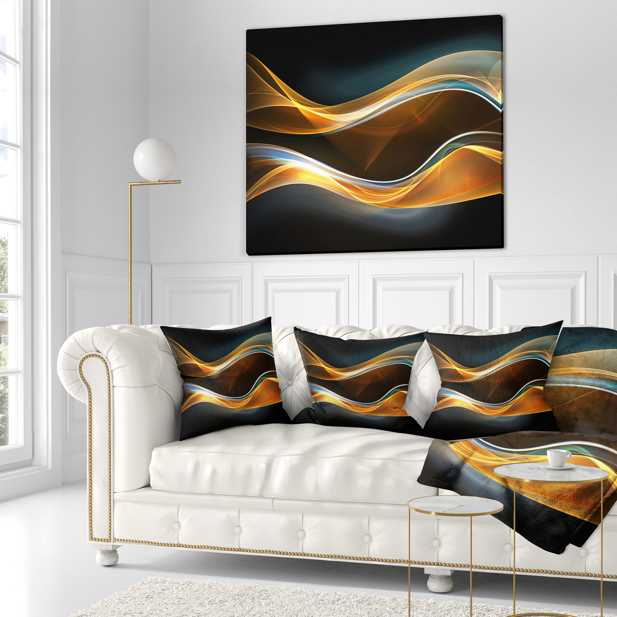 Designart 3D Gold Waves in Black - Abstract Throw Pillow - 18x18