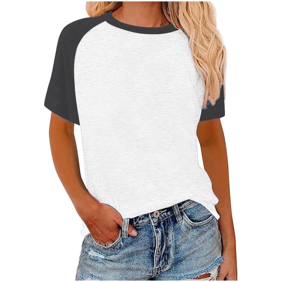 hoksml Women's Color Block Raglan Sleeve T Shirt Casual Crew Neck Short Sleeve Loose Fit Tops for Everyday Wear