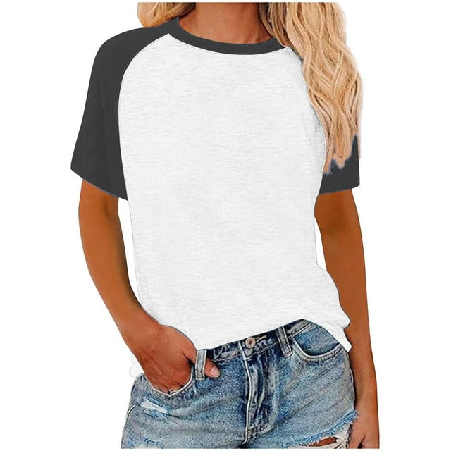 Chemise Raglan pour Femmes T-Shirts d'Été à Blocs de Couleur Coupe Ample Décontractée Basique Col Rond T-Shirts Manches Courtes Grande Taille Tuniques (5TG, Gris Foncé)