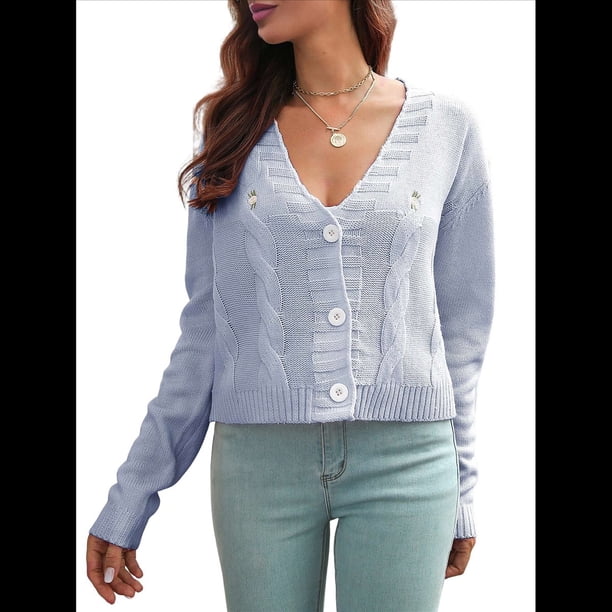 Suéteres Tipo Cárdigan para Mujer, de Punto Grueso, de Larga, con Cuello en V y Botones, para Otoño e Invierno Púrpura L