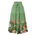 thumbnail image 3 of Womens Maxi Skirt Drawstring High Waisted Summer Long Skirts Lightweight Tiered Flowy Floral Pleated Skirts Green 2XL, 3 of 5
