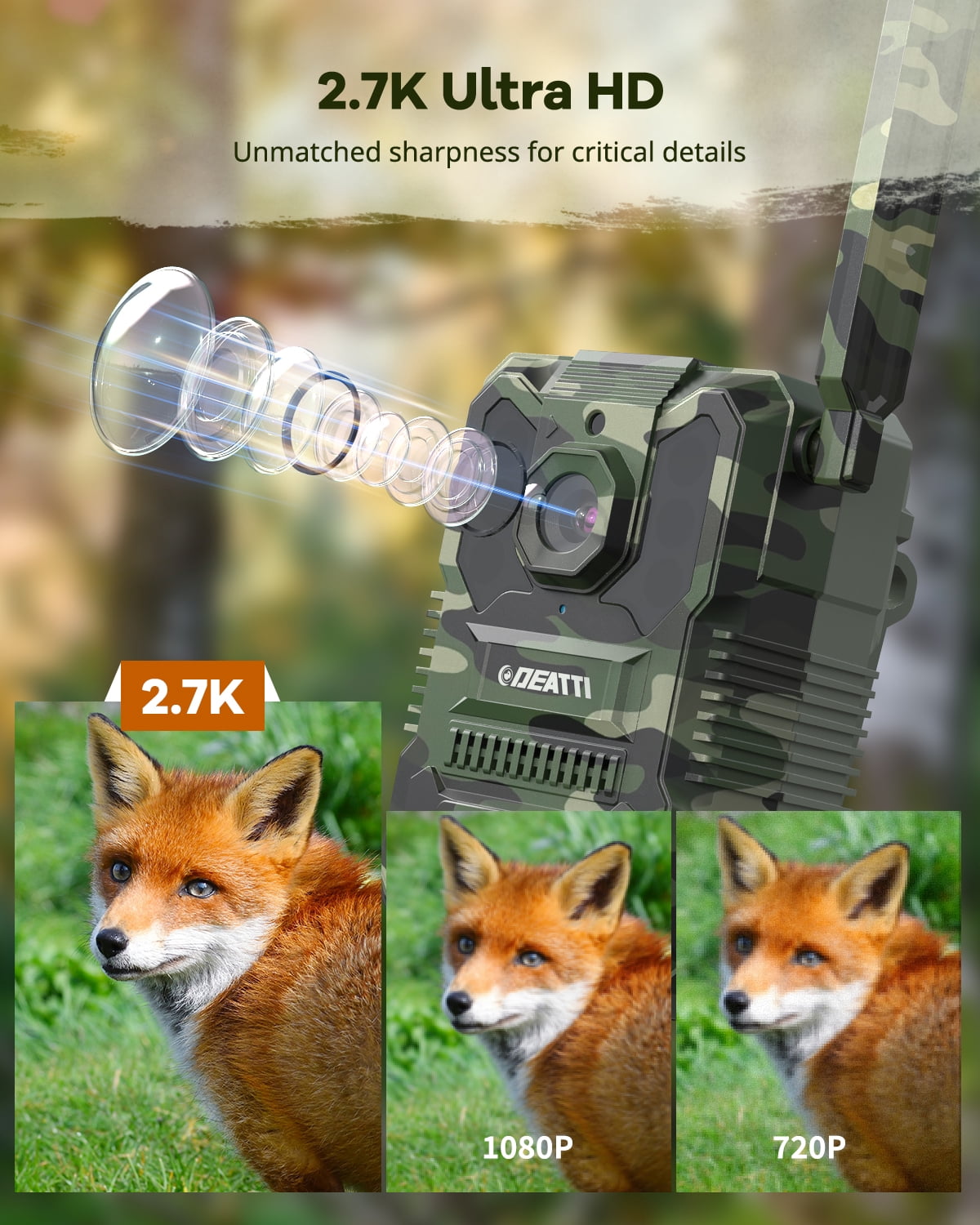 DEATTl2.7K Video Cellular Trail Camera, Game Camera with No Glow Night Vision, 64GB SD Card, No WiFiNeeded,Unlimited Data Plan,0.2s Trigger Time for Wildlife Deer Monitoring Trail Cam