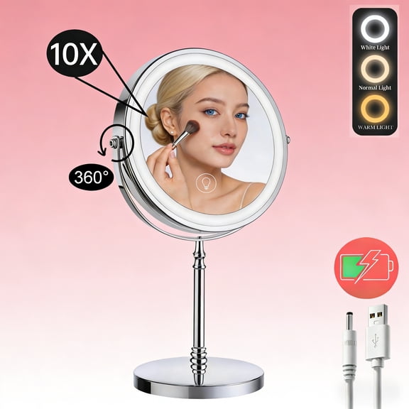 Lighted Makeup Mirror, 3000 mAh Rechargeable Double Sided Magnifying Vanity Mirror with 3 Colors, 1x/10x, 360° Rotation , Brightness Adjustable Magnification Cosmetic Light up Mirror, Women Gift