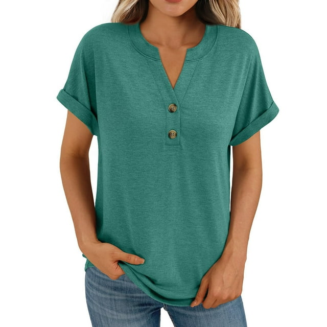 Chemise à Manches Courtes pour Femmes, Blouse Décontractée à Col en V Boutonnée, Haut d'Été Ample