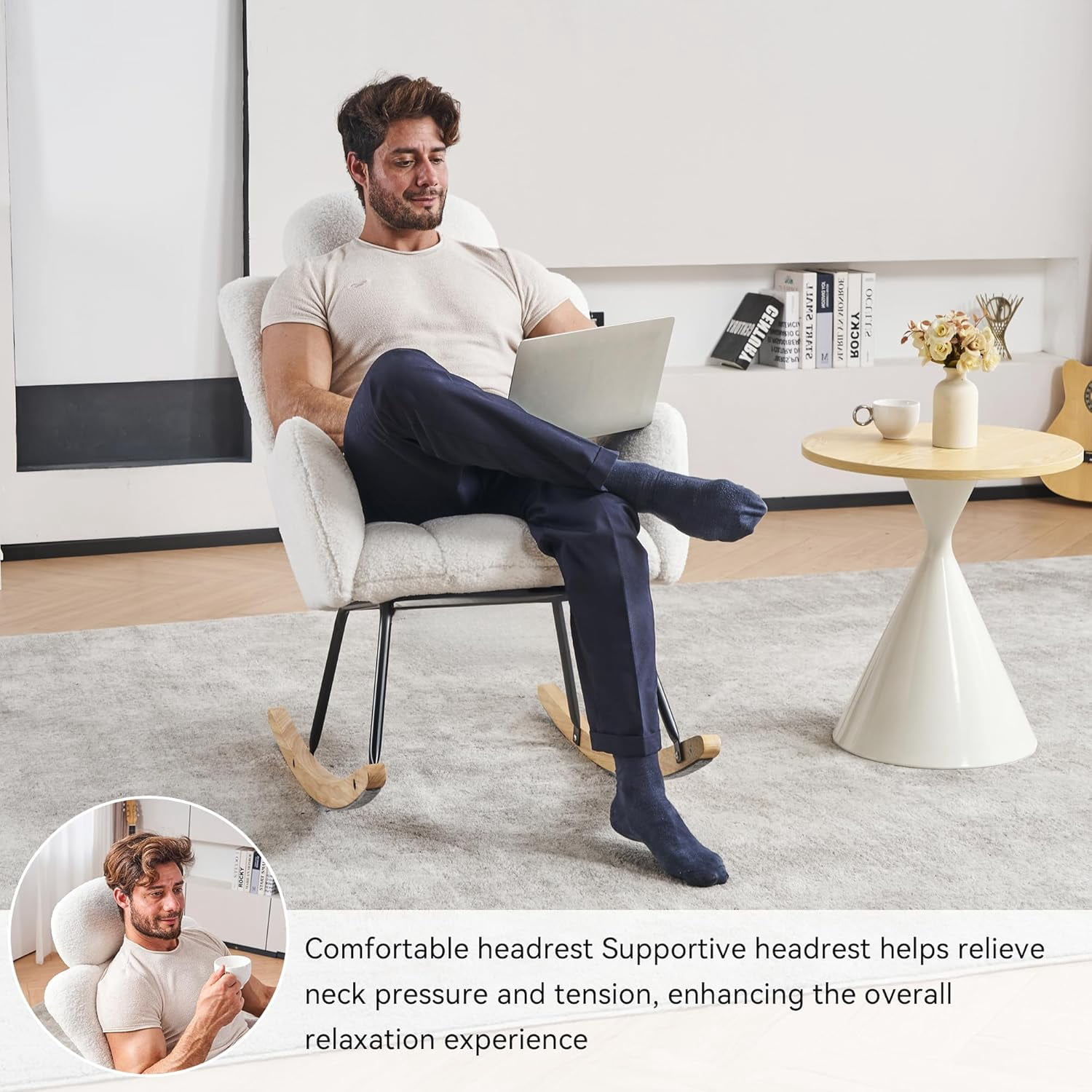 Rocking Chair Nursery Teddy Upholstered Glider Rocker High Backrest Nursery Rocker Comfortable Armchair