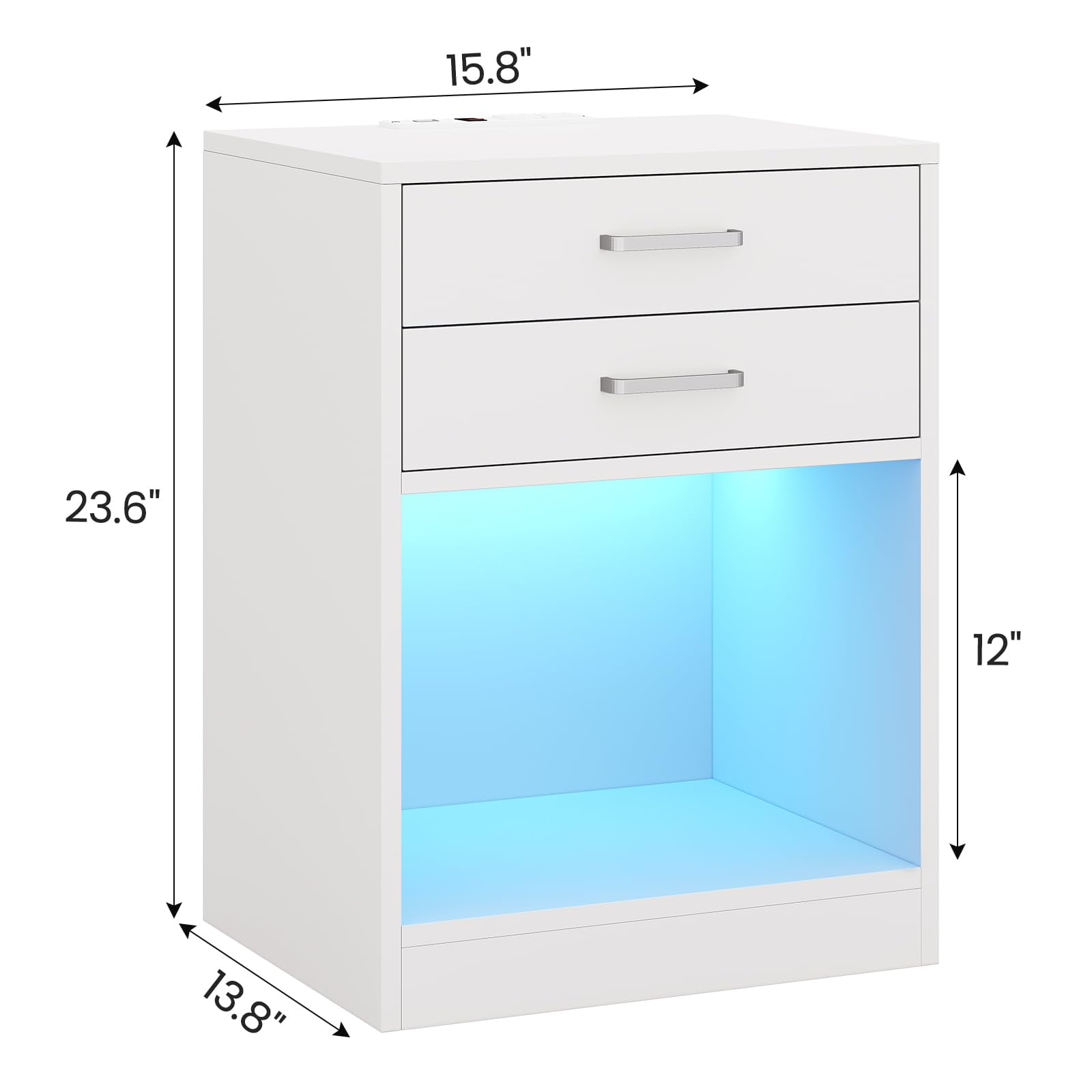 Nightstand with Charging Station and LED Lights,White Bedside Table with Power Outlets & Drawers,Modern End Side Table Set of 2 for Bedrooms
