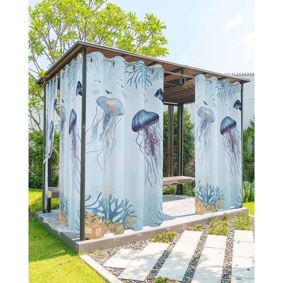 nqOlkjepod Outdoor Curtains for Patio Waterproof, Coastal Jellyfish Outdoor Privacy Panels Grommet, Summer Ocean Nautical Fish Coral Blackout Outside Curtains for Porch/Cabana 54"x84", 1 Panel
