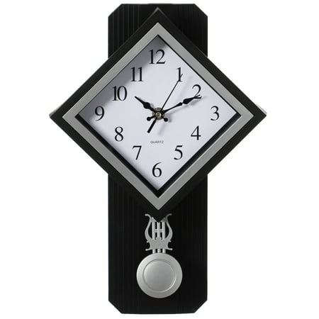 Wood-Look Pendulum Plastic Wall Clock, Farmhouse Decor for Living Room, Kitchen, or Dining Room, Silent Clock with Roman Numerals, Battery Powered, Large Decorative Wall Clock, Easy-to-Read, Black