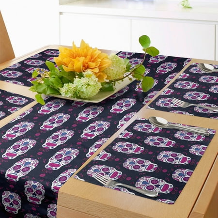 

Sugar Skull Table Runner & Placemats Day of the Dead Mexico Celebration Traditional Holiday Culture Set for Dining Table Placemat 4 pcs + Runner 12 x90 Dark Night Blue and Magenta by Ambesonne