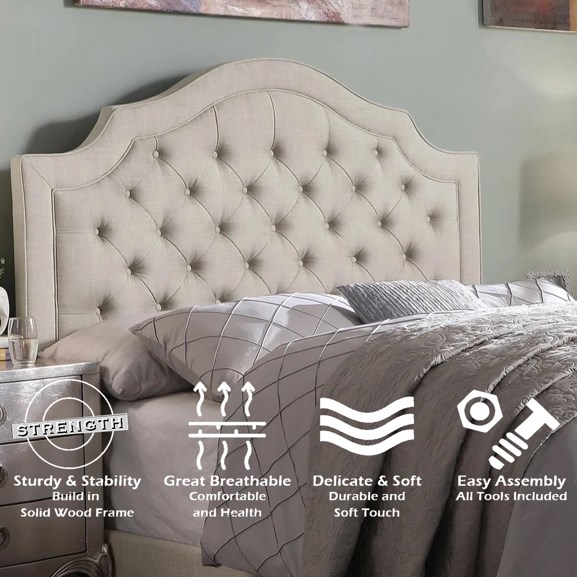 Queen Size Classical Bed Frame with Adjustable Button Tufted Headboard, Fabric Upholstered Platform Bed Frame for Bedroom, Strong Wooden Slat Support, Easy Assembly, Beige