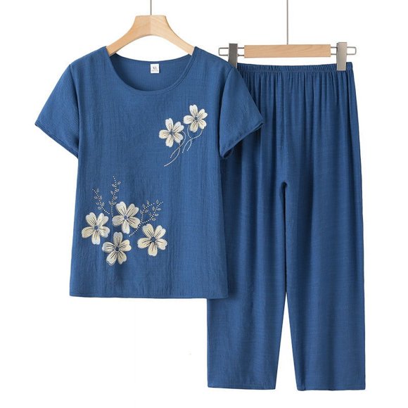Baikeli Womens Clearance Sets 2 Piece Outfits for Women Plus Size Suits Flower Printed Tops Elastic Waist Pants Cotton Linen Clothing Sets Women's Matching Set Outfits