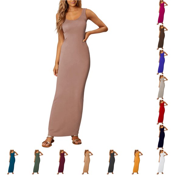 ANINEO Womens Summer Dresses Casual Solid Color Casual Sleeveless Crew Neck Birthday Dress