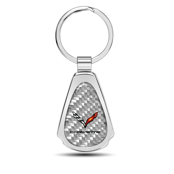 iPick Image for Chevrolet Corvette C7 Real Silver Dome Carbon Fiber Chrome Metal Teardrop Key Chain, Official Licensed