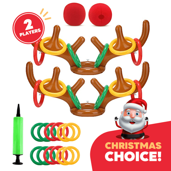 2 Pack Inflatable Reindeer Antler Ring Toss Game for Christmas Party, Set of 2 Antler Hats with Rings for Kids Adults Family Xmas Fun Games (12 Rings, 2 Antlers, 2 Noses, 1 Pump)