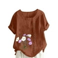 thumbnail image 3 of BiZtdJrK Women's Linen Cotton Shirts Casual Loose Short Sleeve Button Down Blouse Oversized Round Neck Graphic Tunic T Shirts Summer Beach Tops Coffee M, 3 of 5