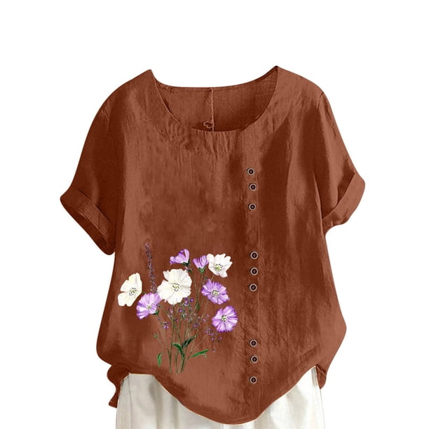 Vestidos Casuales Para Mujer, Blusas De Mujer De Moda Blusa informal de lino con cuello redondo, manga corta y botones para mujer